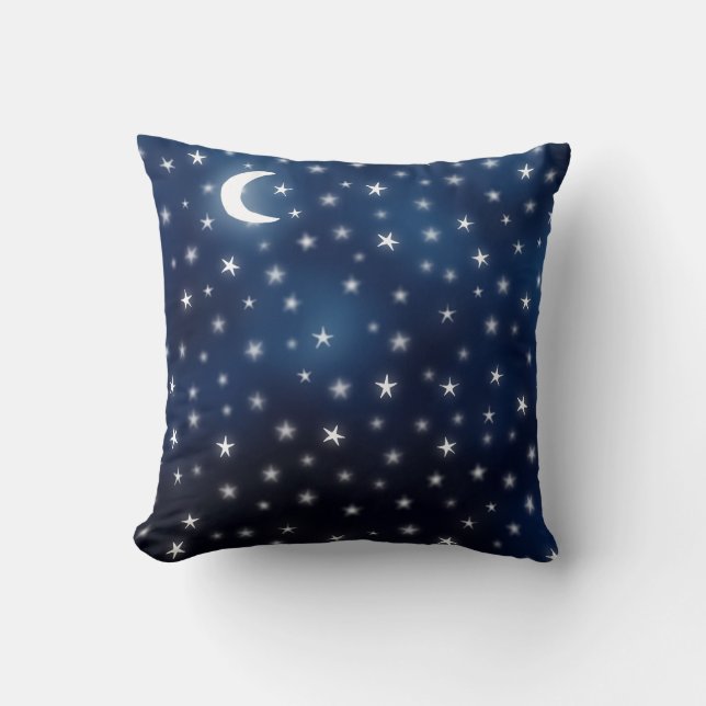 Stars Moon Blue Night Sky Dream White Navy Throw Pillow (Front)