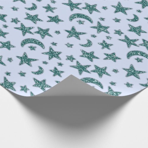 Stars Moon Blue Pastel Celestial Spark Navy Teal Wrapping Paper