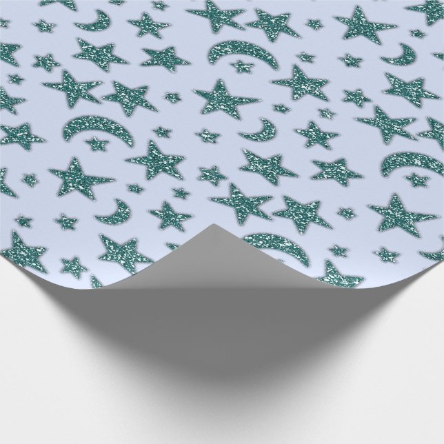 Stars Moon Blue Pastel Celestial Spark Navy Teal Wrapping Paper (Corner)