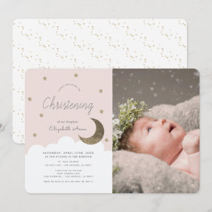 Stars & Moon Blush Pink Girl Photo Christening Invitation