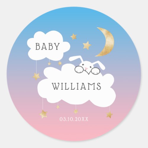 Stars Moon Bunny Pink Blue Gold Baby Shower Classic Round Sticker