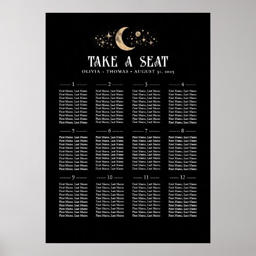 Stars Moon Celestial Black Wedding Seating Chart