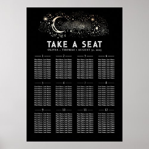 Stars Moon Celestial Black Wedding Seating Chart