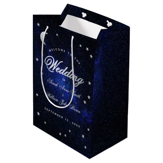 Stars & Moon Celestial Blue Night Wedding Welcome  Medium Gift Bag (Back Angled)