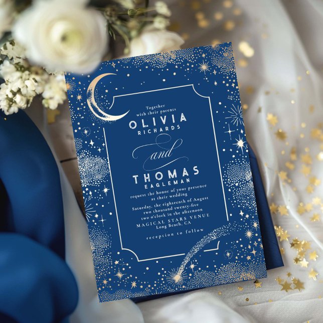 Stars Moon Celestial Navy Blue Wedding Invitation (Celestial Wedding Invitation Navy Blue and Gold Stars)