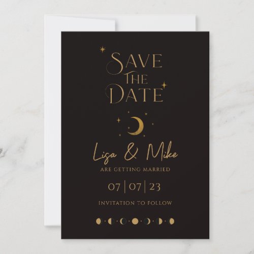 Stars  Moon Celestial Save the Date Black  Gold Invitation