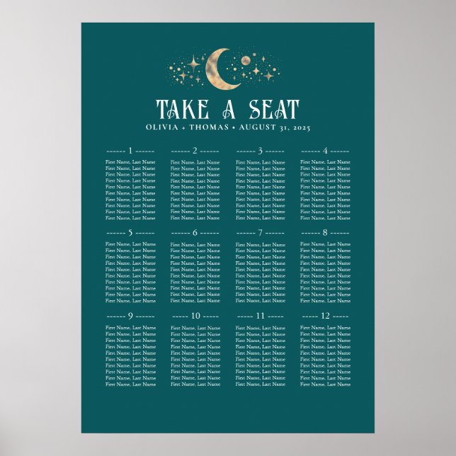 Stars Moon Celestial Teal Wedding Seating Chart (Front)