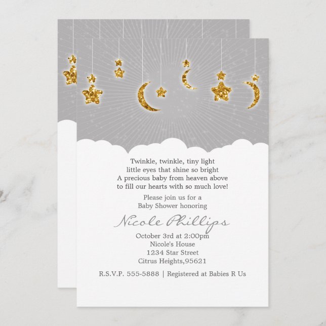 Stars Moon & Clouds Baby Shower Grey Invitations (Front/Back)