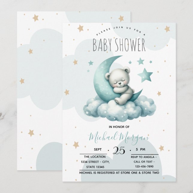 Stars Moon Clouds Green Teddy Bear Baby Shower Invitation (Front/Back)