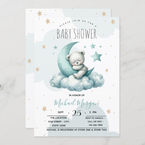 Stars Moon Clouds Green Teddy Bear Baby Shower Invitation