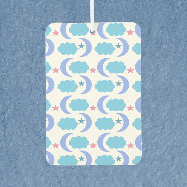 Stars Moon Clouds Pattern Blue Pink Purple Air Freshener (An air freshener with a pattern of blue clouds, purple moons and pink stars.)