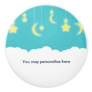Stars Moon & Clouds Teal & Yellow Nursery Room Ceramic Knob