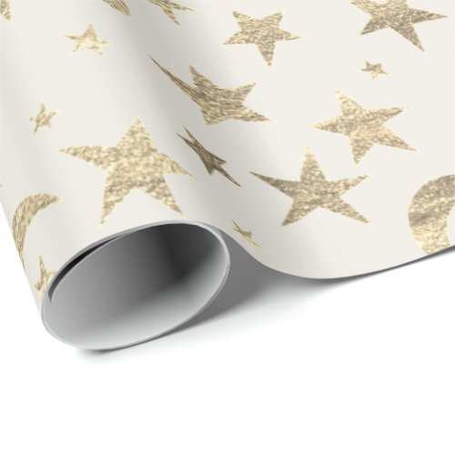 Stars Moon Ivory Creamy Gold Metal Sky Champaign Wrapping Paper