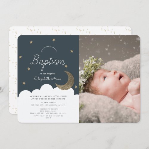 Stars  Moon Navy Blue Boy Photo Baptism Invitation