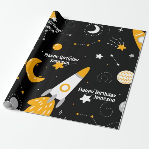 Stars Moon Outer Space Rocket Birthday Wrapping Paper