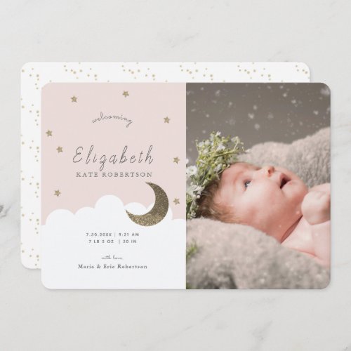 Stars  Moon Pink Girl Photo Birth Announcement