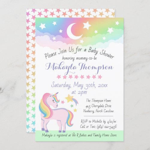 Stars  Moon Rainbow Magical Unicorn Baby Shower Invitation