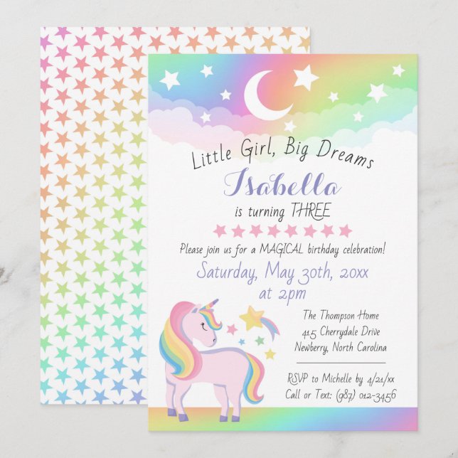 Stars & Moon Rainbow Sky Magical Unicorn Birthday Invitation (Front/Back)