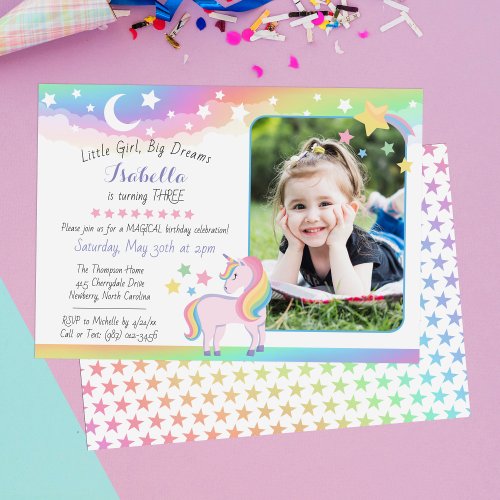 Stars  Moon Rainbow Sky Unicorn Birthday Photo Invitation