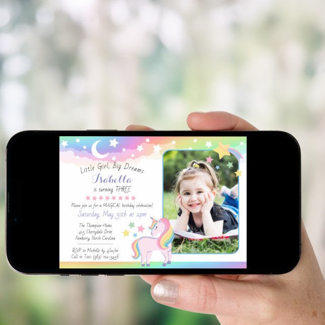 Stars & Moon Rainbow Sky Unicorn Birthday Photo Invitation (Front Digital)