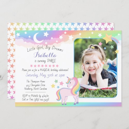 Stars  Moon Rainbow Sky Unicorn Birthday Photo Invitation