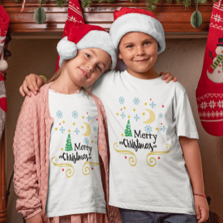 Stars, Moon, Snowflakes, and Merry Christmas Kids T-Shirt