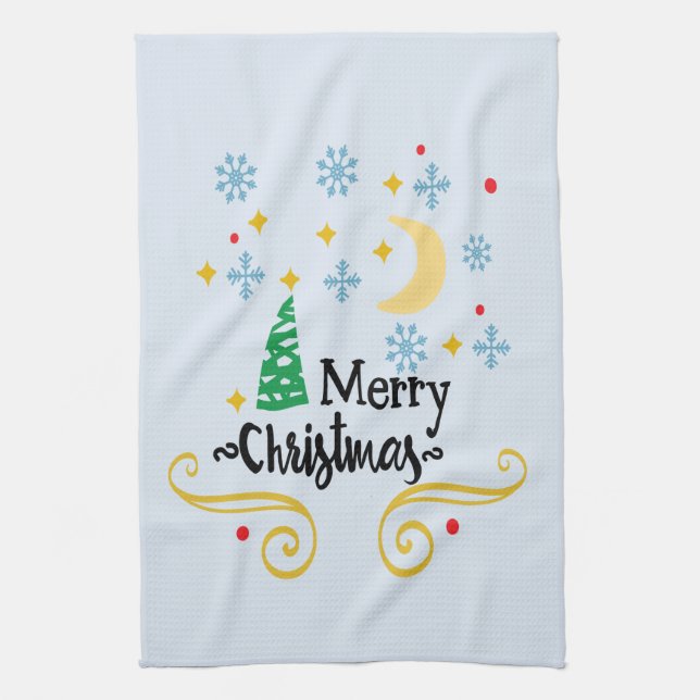Stars, Moon, Snowflakes, and Merry Christmas, ZSSG Kitchen Towel (Vertical)