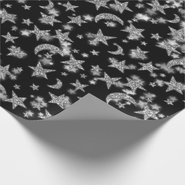 Stars Moon Spark Night Galaxy Black Silver Gray Wrapping Paper (Corner)