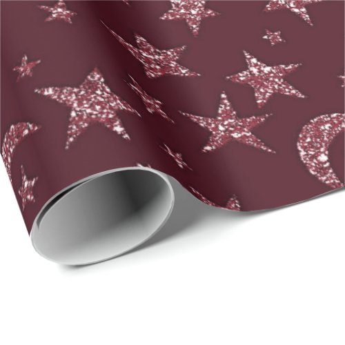Stars Moon Sparkly Burgundy Glitter Night Wrapping Paper