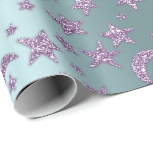 Stars Moon Sparkly Lavender Purple Violet Aqua Wrapping Paper