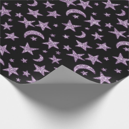 Stars Moon Sparkly Lavender Purple Violet Black Wrapping Paper