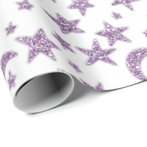 Stars Moon Sparkly Lavender Purple Violet White Wrapping Paper