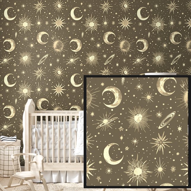 Stars Moons Space Theme on Brown Wallpaper (Creator Uploaded)