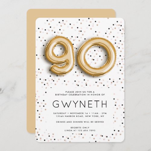 Stars n Gold Foil Balloon Type 90th Birthday Invitation