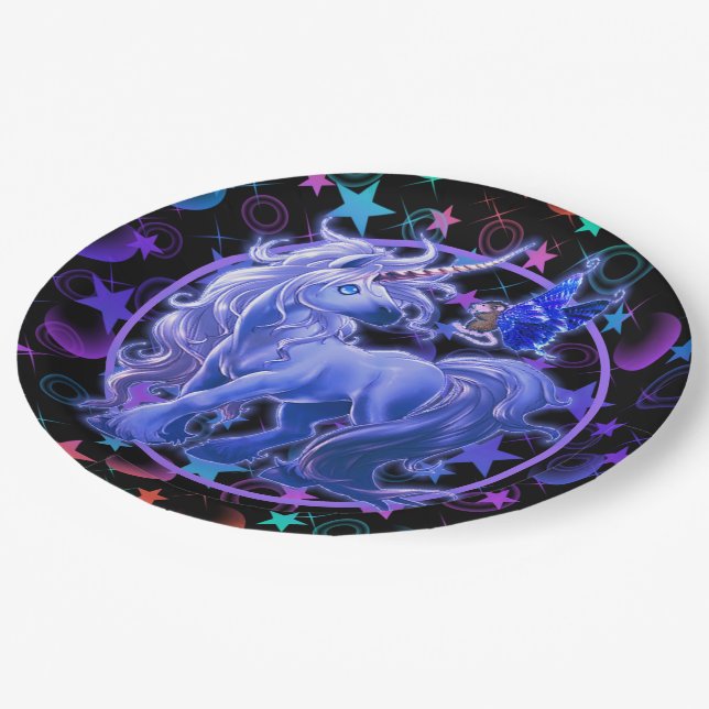 Stars 'n Stuff Blue Unicorn Paper Plates (Angled)