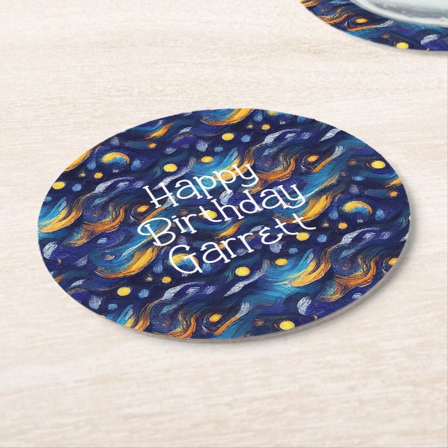 Stars Night Sky Birthday Round Paper Coaster (Angled)