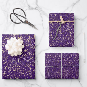 Stars Night Sky Celestial Purple and Gold Pattern Wrapping Paper Sheets
