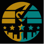 Stars of Approval - A Modern Perspective Cutout<br><div class="desc">This design features a circular layout characterized by vibrant stripes and colorful shapes that generate a dynamic visual impact. A detailed city skyline at the bottom provides, while a central ballot shape symbolizes approval and action through a cleverly integrated check mark icon. in the central, five carefully arranged stars enhance...</div>