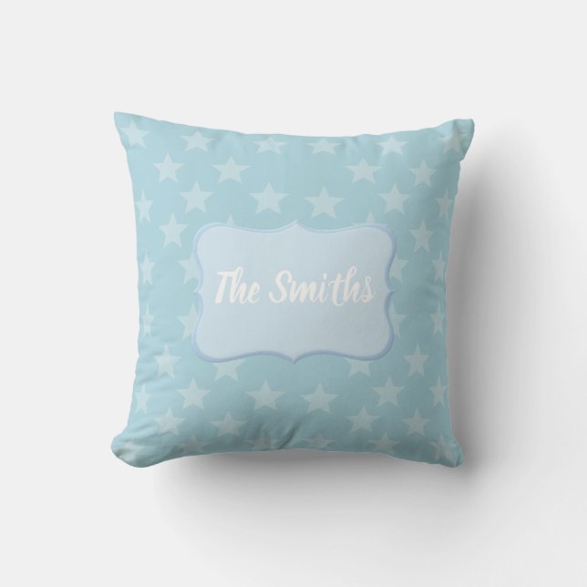 Stars on Blue Monogram or Name Custom Throw Pillow (Front)