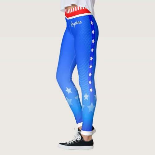 Stars on Side Stripes with Your Name on Light Blue Leggings