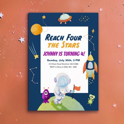 Stars Outer Space Kids 4th Birthday Party Invites