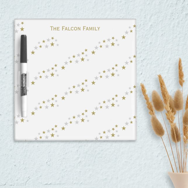 Stars Pattern Faux Silver Gold Elegant Dry Erase Board (A dry erase board with faux gold and silver stars pattern, personalized with a name at the top)