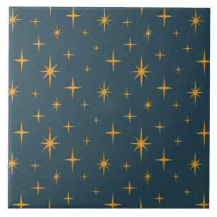 Stars Pattern Mid Century Modern Dark Teal Orange Ceramic Tile