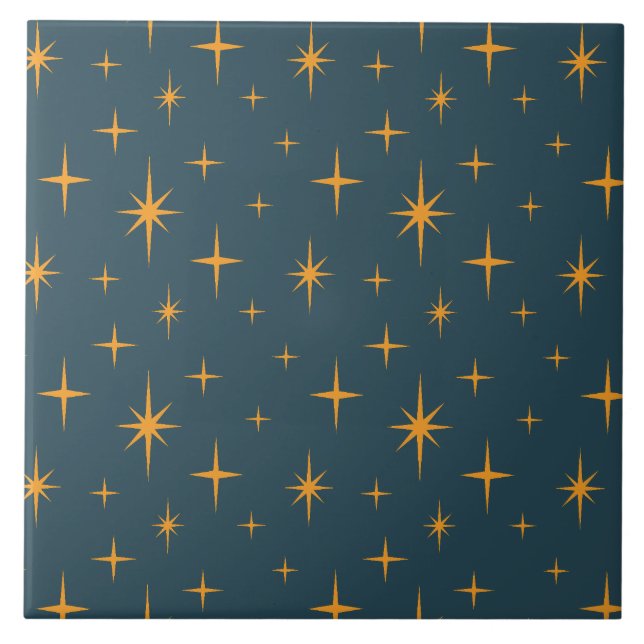 Stars Pattern Mid Century Modern Dark Teal Orange Ceramic Tile (Front)
