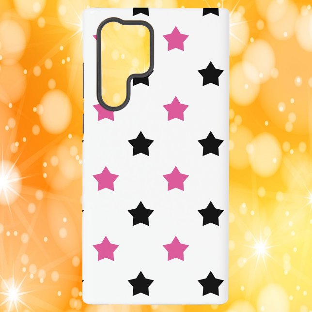 Stars Pattern Pink Black White Samsung Galaxy Case (A phone case with a pattern of black and pink stars on a white background.)
