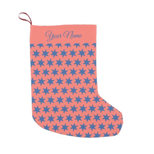 Stars Pattern Trending Colors Coral Blue Name Small Christmas Stocking
