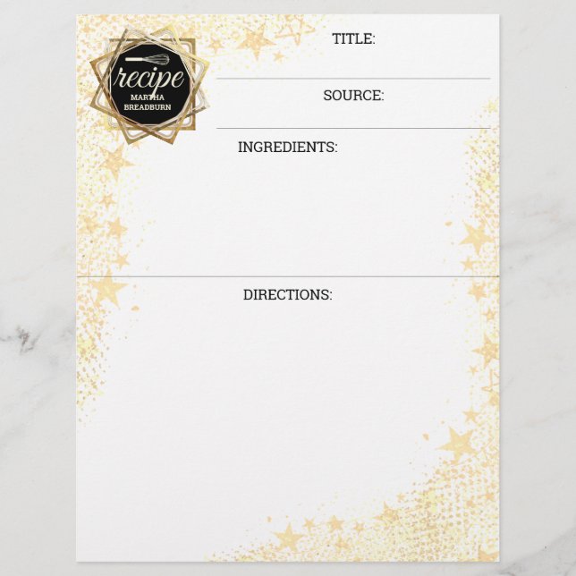 Stars personalized cookbook recipe letterhead (Front)