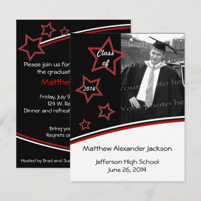 Stars Photo Graduation Party Invite, Black and Red Invitation (Front/Back)