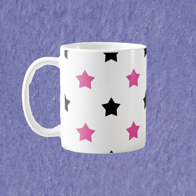 Stars Pink and Black Pattern White Background Coffee Mug (A mug with a pattern of pink and black stars on a white background)