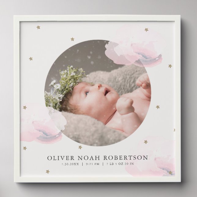 Stars & Pink Clouds Photo Girl Baby Announcement Peel And Stick Photo Tile (Front Set)